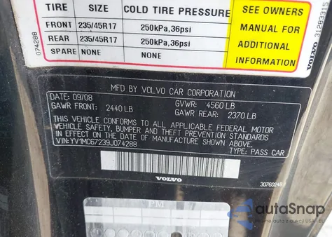 2009 Volvo C70 T5 z USA, uszkodzony, nr VIN YV1MC67239J074288